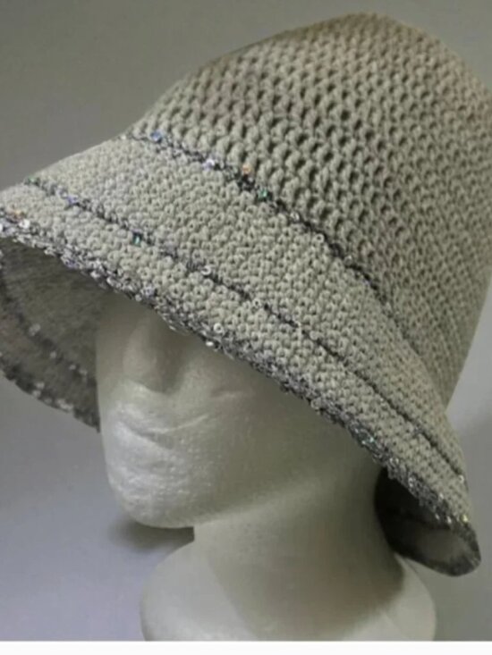 Crochet Bucket Hat Gray Sequin Trim Knit Cloche Summer Boho Chic One Size main image 7